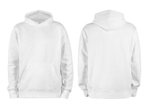 Men's white blank hoodie template,from two sides, natural shape on invisible mannequin, for your design mockup for print, isolated on white background