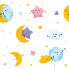 Seamless pattern with cute moon, star, cloud Earth