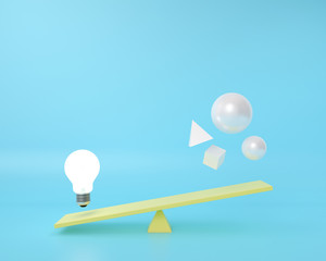 The question mark is on a balance board with Lightbulb floating on a blue background. minimal creative idea concept. 3D render.