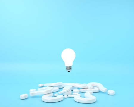 The question mark and difference Lightbulb floating on blue background. minimal creative idea concept. 3D render.