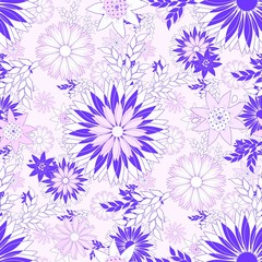 Abstract cornflowers and daisies seamless pattern in white, lilac and pink colors on a pale pink background.
