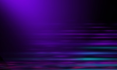 Ultraviolet background of empty foggy street with wet asphalt, illuminated by a searchlight, laser beams, smoke