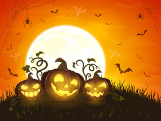 Halloween Pumpkins and Moon on Orange Background