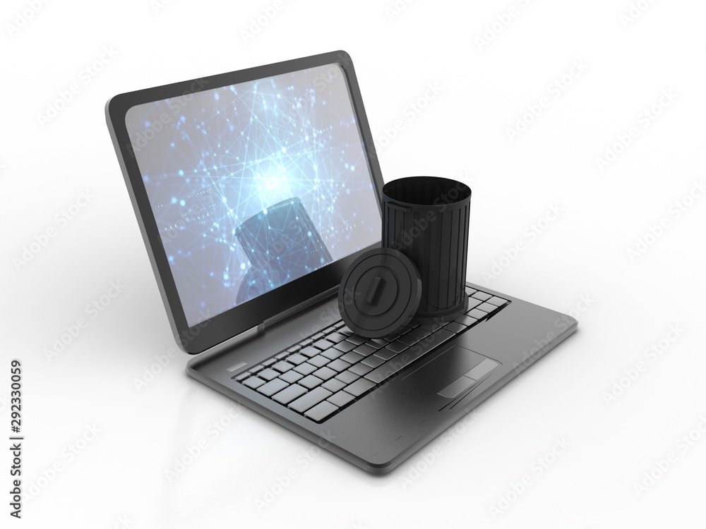 Poster 3d rendering laptop with trash