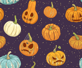  Seamless pattern with halloween pumpkins
