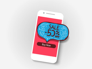 Vector illustration smartphone with sale -50 speech bubble get message on screen. Social network and mobile device concept. Graphic for websites, web banner. by