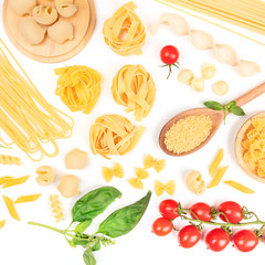 Italian pasta on a white background. Spaghetti, pappardelle, orzo, farfalle and other types, with tomatoes and basil, square overhead shot