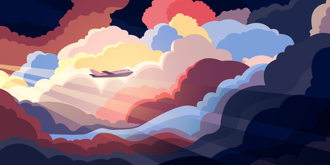 Airplane flying above beautiful clouds in sunset or sunrise light. Travel concept. Colorful vector illustration