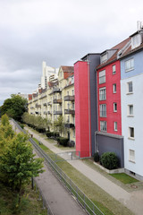 Row of houses in Munich, Schwabing, next to the track of a tram