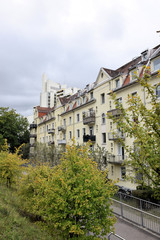 Row of houses in Munich, Schwabing, next to the track of a tram