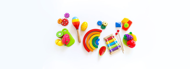 Toys for games with children. Horizontal Banner Bright rainbow. Montessori