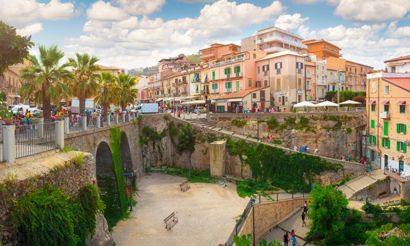 Panorama of Tropea city center with stone stairs down to the beach, Southern Italy
