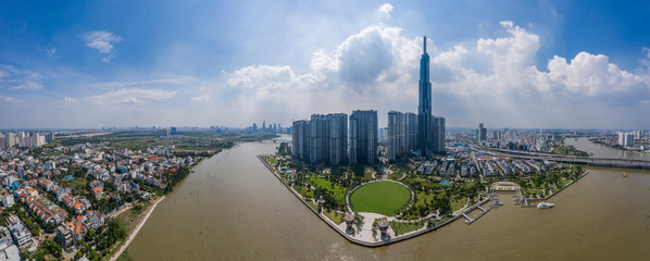 Ultra high definition of Ho Chi Minh City City Skyline with Saigon river and Central Park in the foreground