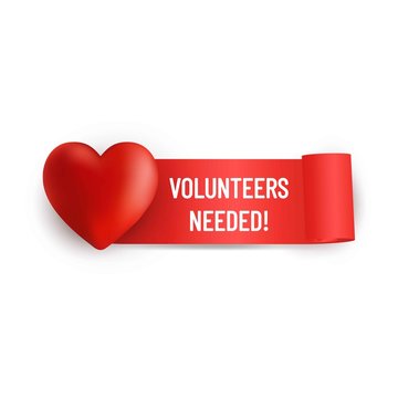 Volunteers needed banner with red heart and ribbon. Donor Charity concept illustration