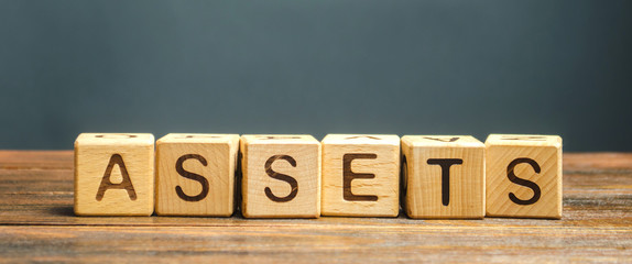Wooden blocks with the word Assets. Resource owned by the business. Financial accounting. Money and...