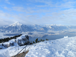 Clear day view of the Swiss alps and lake