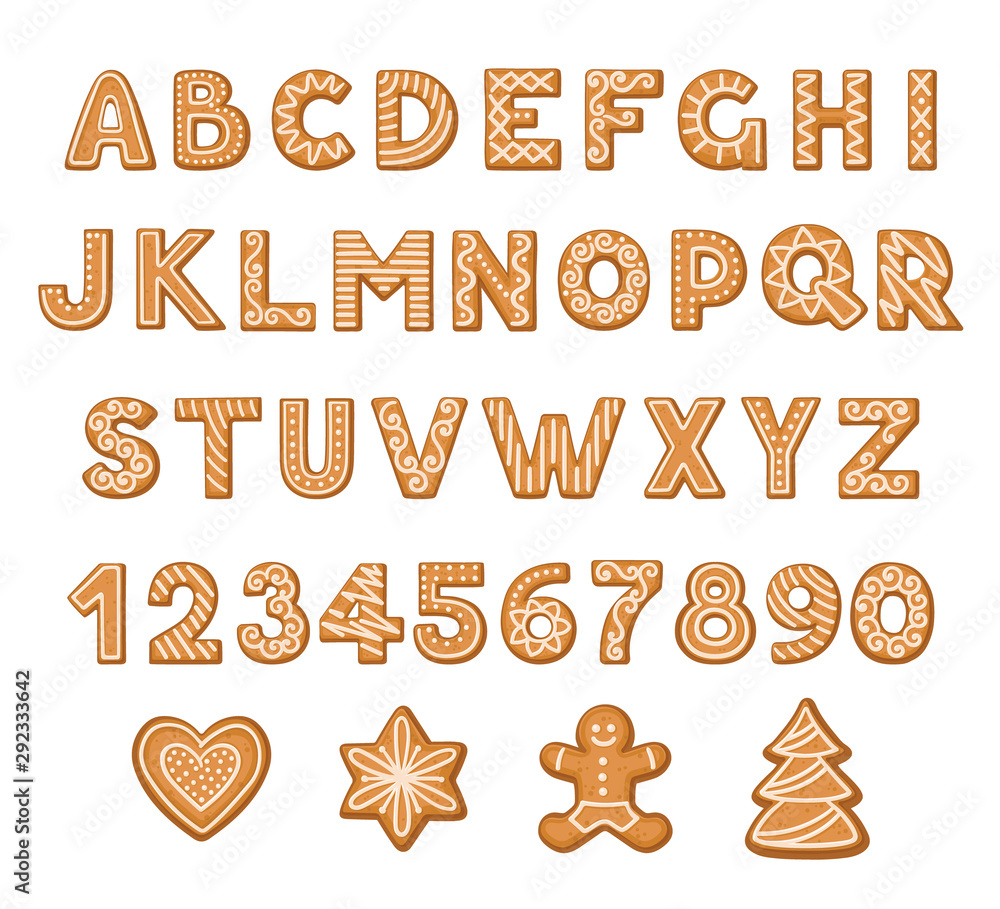 Poster set of cookies in the form of letters and numbers. vector illustration.