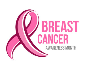 Breast cancer awareness month banner with pink ribbon sign and text vector design