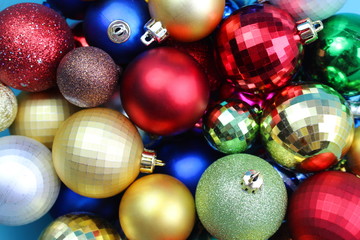 texture of many colorful christmas balls in one heap