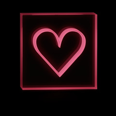 Clear transparent glass or plexiglass display with luminous red heart like shape inside on dark background, 3D rendered image
