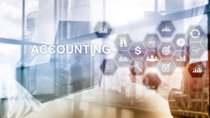 Accounting on virtual screen. Double exposure wallpaper.