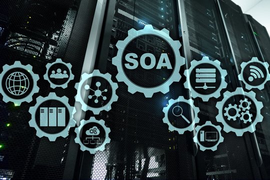 SOA. Architecture under principle of service encapsulation. Datacenter background.