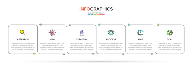 Concept of arrow business model with 6 successive steps. Five colorful rectangular elements. Timeline design for brochure, presentation. Infographic design layout.