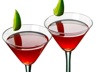 Bright red Bacardi alcoholic cocktail made of white rum, lime juice and grenadine, in two conical cocktail glasses decorated with lime slices, on a light background