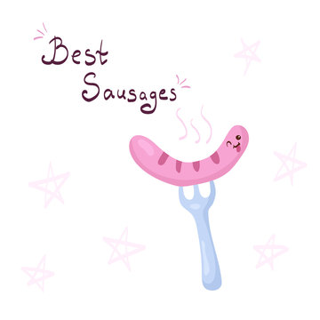 Best Sausages logo in cute cartoon style. Kawaii pink sausage character on a fork with hand written lettering & hand drawn stars isolated on white background. Food mascot with happy funny smiling face