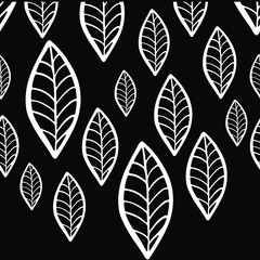 Linear pattern of white leaves on a black background.Template can be used for sites, leaflets, wallpapers