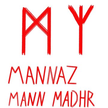 Set of ancient runes. Versions of Mannaz rune with German, English and Old Scandinavian titles. Rune Mannaz, Mann, Madhr is symbol of intelligence, self-knowledge and the human Ego. Senior futark. 