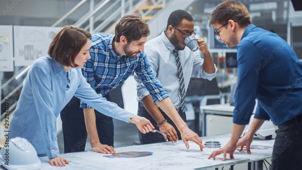 Poster in the industrial engineering facility: diverse group of engineers, technicians, and specialists on 