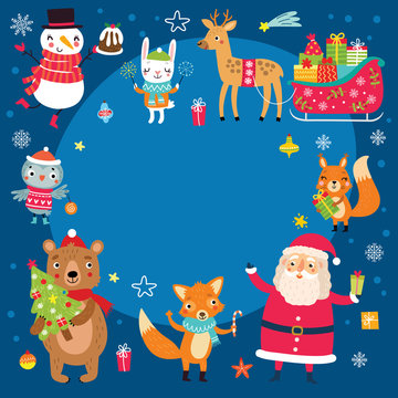 Christmas card with animals and Santa