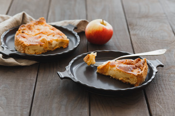 Two pieces of homemade apple pie on ceramic plates on a dark wooden background.