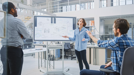 In Industrial Design Facility Team of Engineers and Technicians have a Meeting, Female Specialist...