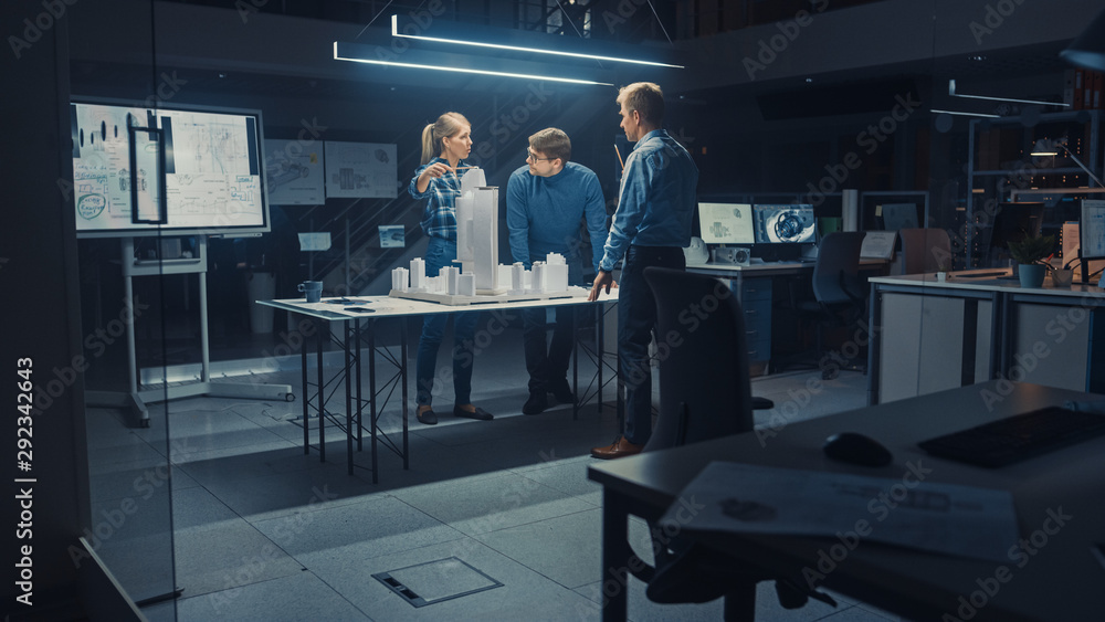 Poster in the creative architectural agency two professional designers talk with chief project engineer, th