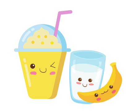 Iced Fruits & Vegetables Smoothie in a plastic cup with rich foam. Vector kawaii drink illustration in cute cartoon style isolated on white background. Banana with milk in glass healthy smoothie. 