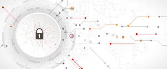 Naklejka premium internet digital security technology concept for business background. Lock on circuit board