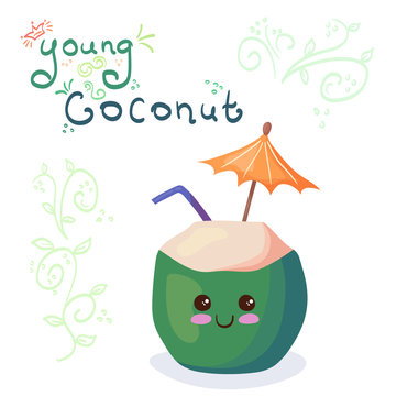 Kawaii Young Coconut vector character isolated on white background. Funny smiling green tropical coconut water with straw & beach umbrella. Cute yummy drink mascot illustration. Kids menu concept. 