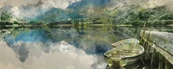 Fototapete Nach Farbe Digitale Aquarellmalerei von Panorama-Landschaftsruderbooten auf See mit Steg vor Berghintergrund
