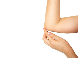 Hand of young woman holding her arm with youth, smooth and healthy elbow.Isolated on white background with clipping path.