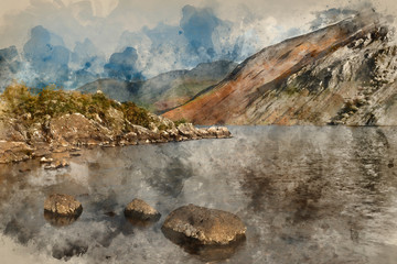 Digital watercolor painting of Beautiful sunset landscape image of Wast Water and mountains in Lkae District in Autumn in England