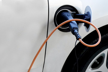 Electric car charging close up.
