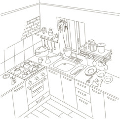 Kitchen, anime background style, line drawing art