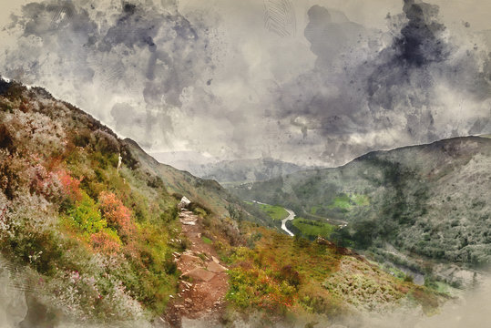 Digital watercolor painting of Landscape image of view from Precipice Walk in Snowdonia