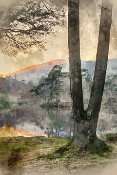 Digital watercolor painting of Beautiful landscape image of Tarn Hows in Lake District during beautiful Autumn Fall