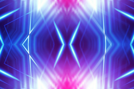 Dark abstract futuristic background. Neon lines glow. Neon lines, shapes. Pink-blue glow. Empty Stage Background © Laura Сrazy