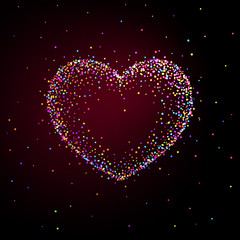 Heart shaped frame made of shiny multi-colored particles. Background for Valentines Day card