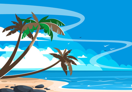 Vector illustration of beach landscape with palm trees, sea view with clouds