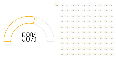 Set of semicircle percentage diagrams meters from 0 to 100 ready-to-use for web design, user interface UI or infographic - indicator with yellow